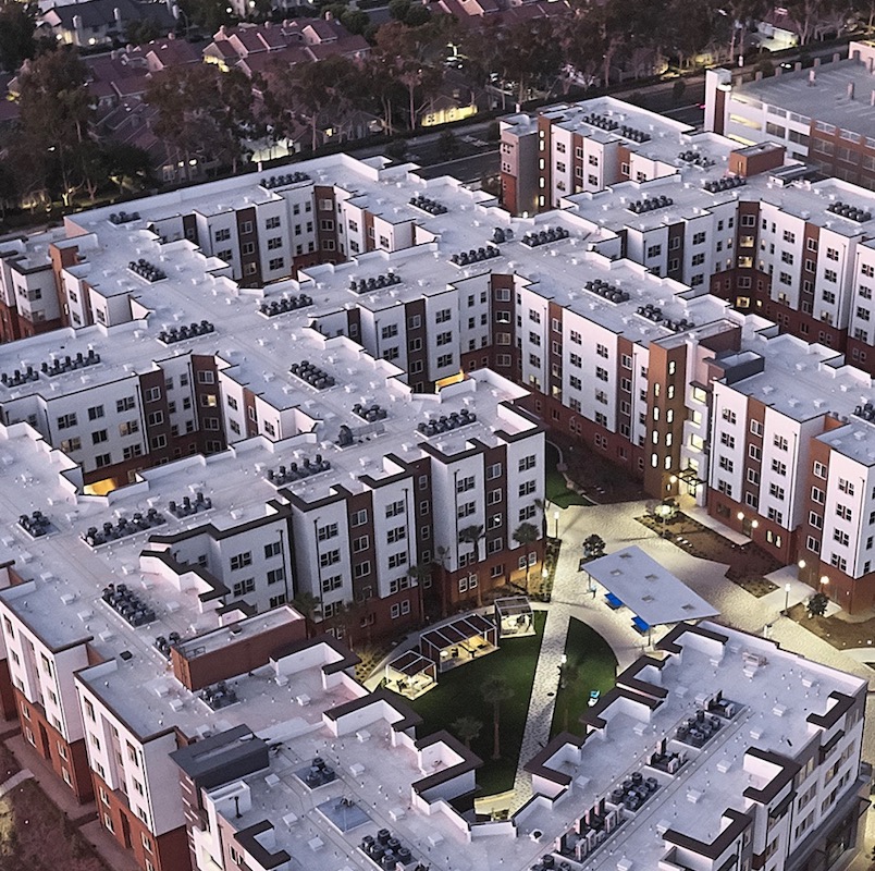 Aerial view of Plaza Verde student housing, a 2020 BALA winner