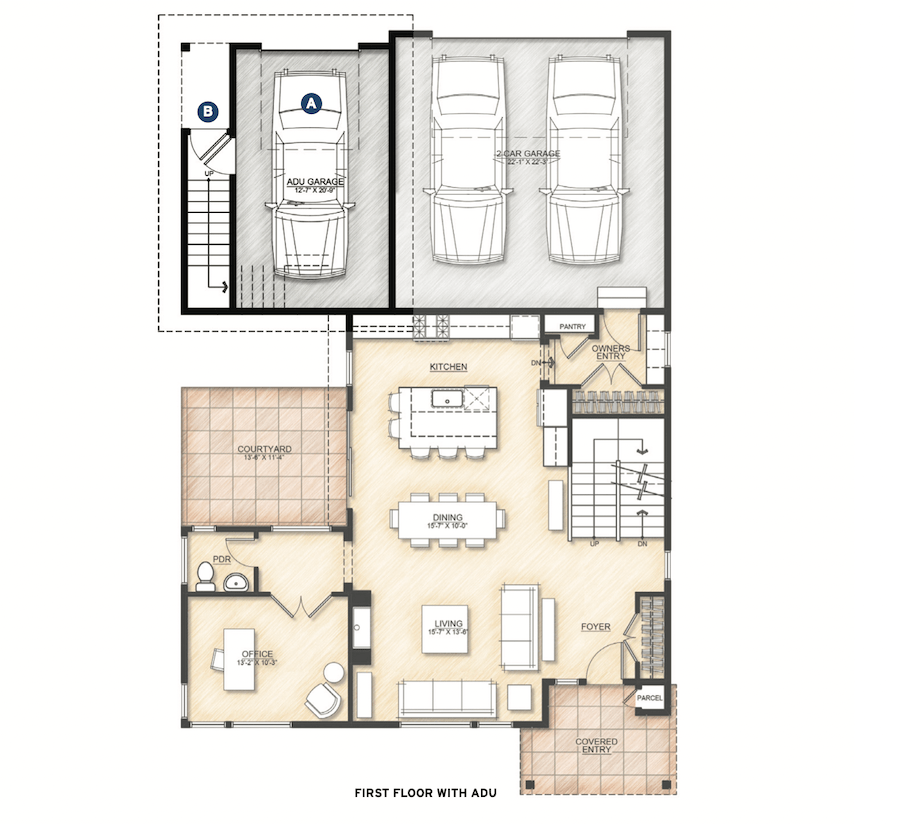 Ridgegate Plan 2 ADU design, first-floor plan