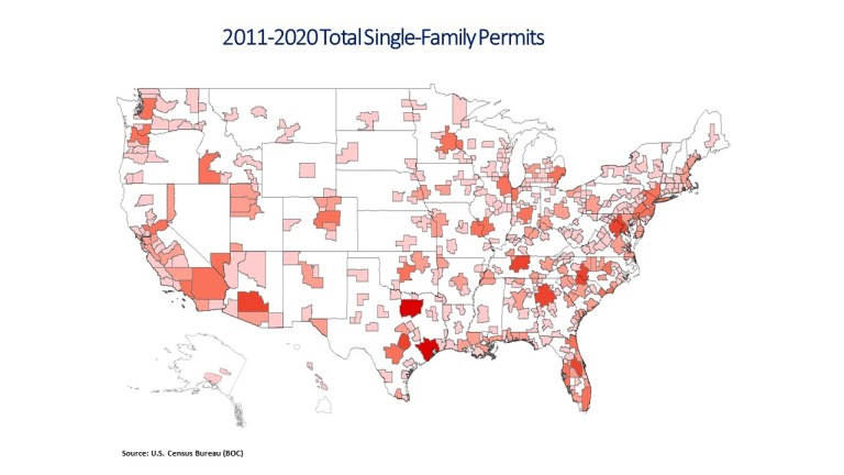 US map showing growth of single-family home construction permits