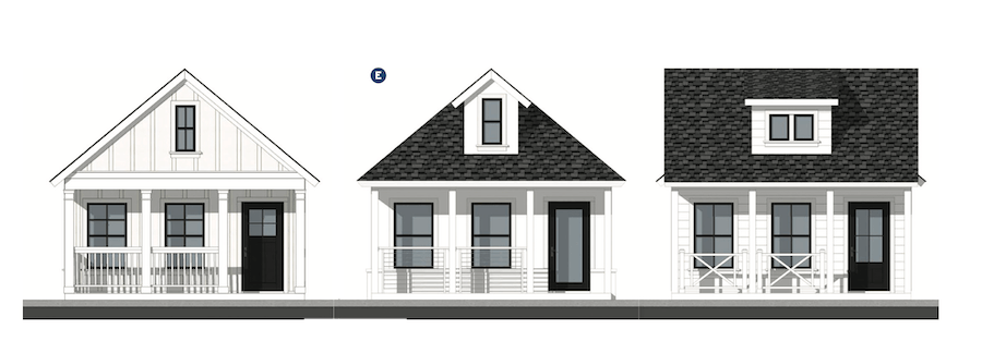 Rendering showing the exteriors of DTJ Design's Cottage Plan single-family build-to-rent design