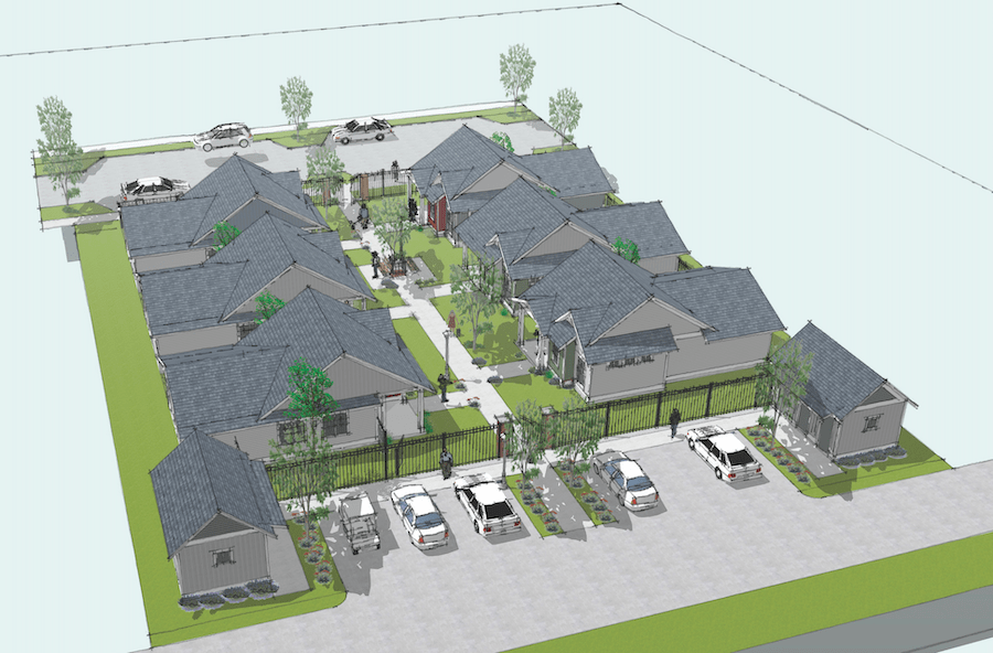 Rendering showing site plan of the 55+ Cottages single-family build-to-rent design by Larry Garnett