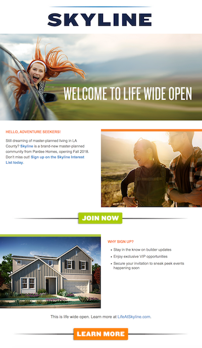 Pardee Homes' email campaign for Skyline helps sell the new housing development