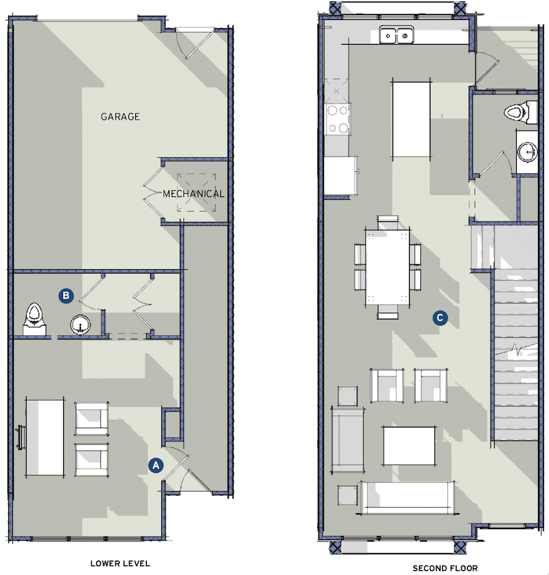 TK Design & Associates' Clair design lower-level plan and second-floor plan