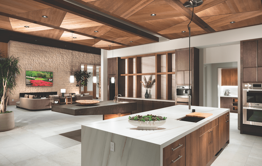 The kitchen, with its beautiful wood ceiling, in The New American Home 2024.
