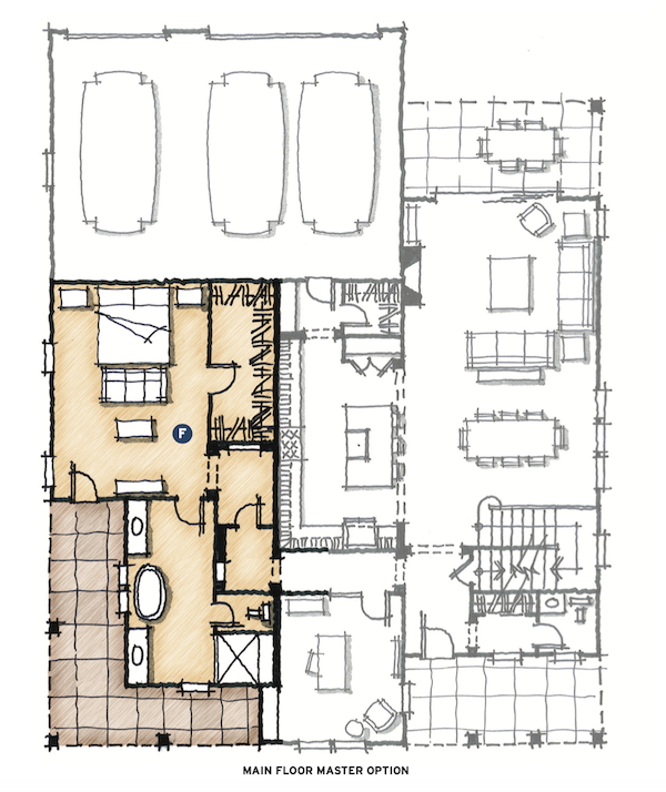 main floor master option for The Union multigenerational house design by DTJ Design