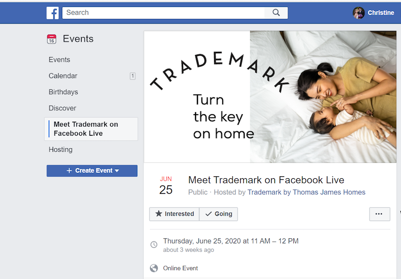 Facebook post about Trademark by TJH virtual event