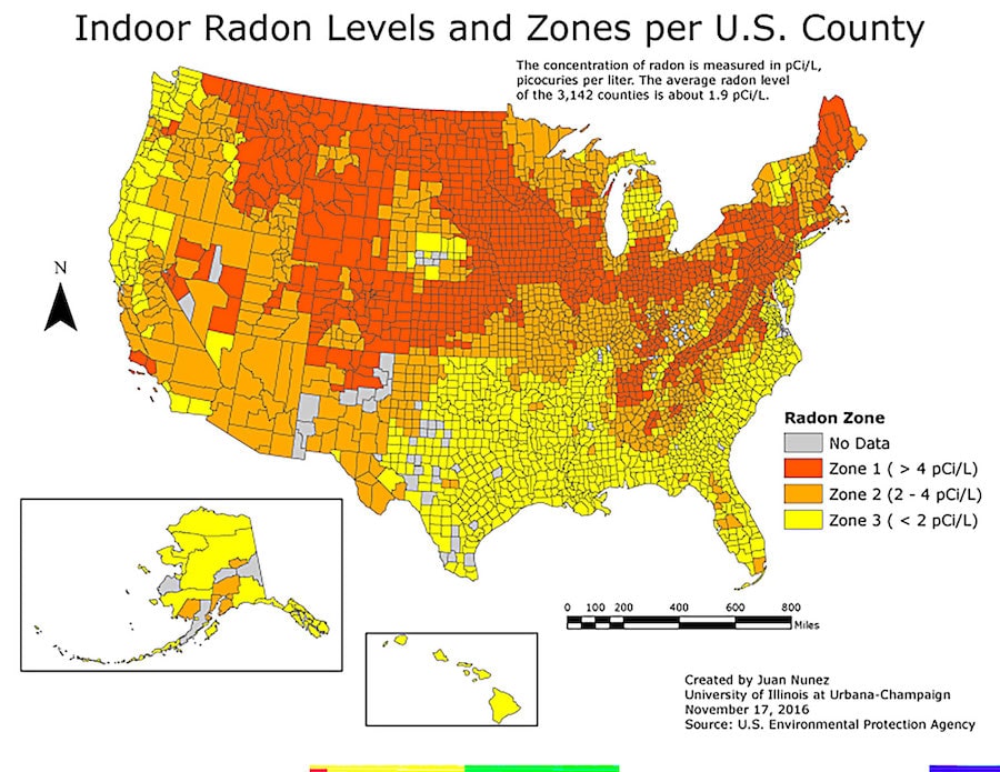U.S. map showing radon levels by county