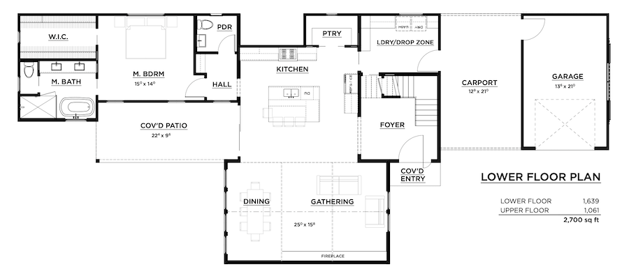 Lower floor plan of modern farmhouse style urban infill home in Austin, Texas
