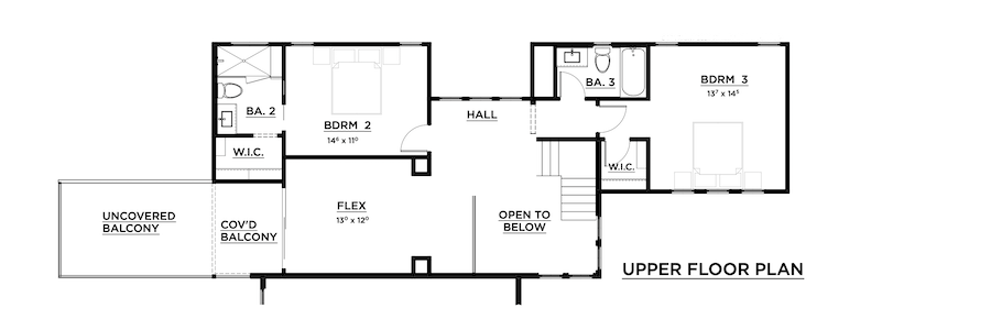 Upper floor plan of modern farmhouse style urban infill home in Austin, Texas
