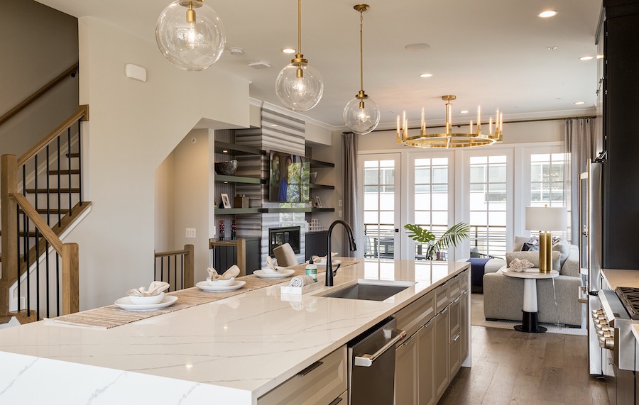 Plan 2 kitchen in the Valley & Park townhomes, a 2020 BALA winner