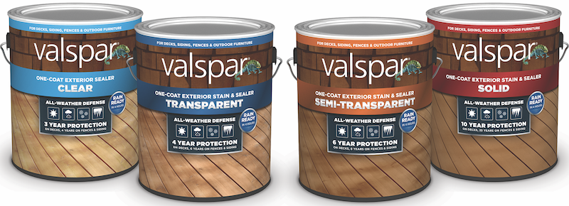 cans of Valspar exterior stains for decks and other exterior applications