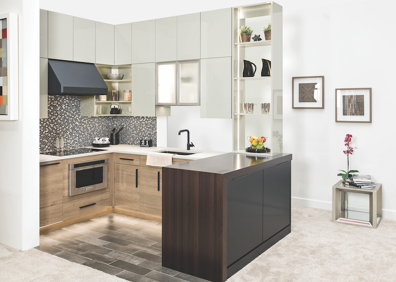 Wellborn Classic Contemporary kitchen cabinets' Bel-Air with Husk Alder finish and Midtown in High Gloss Moonlight