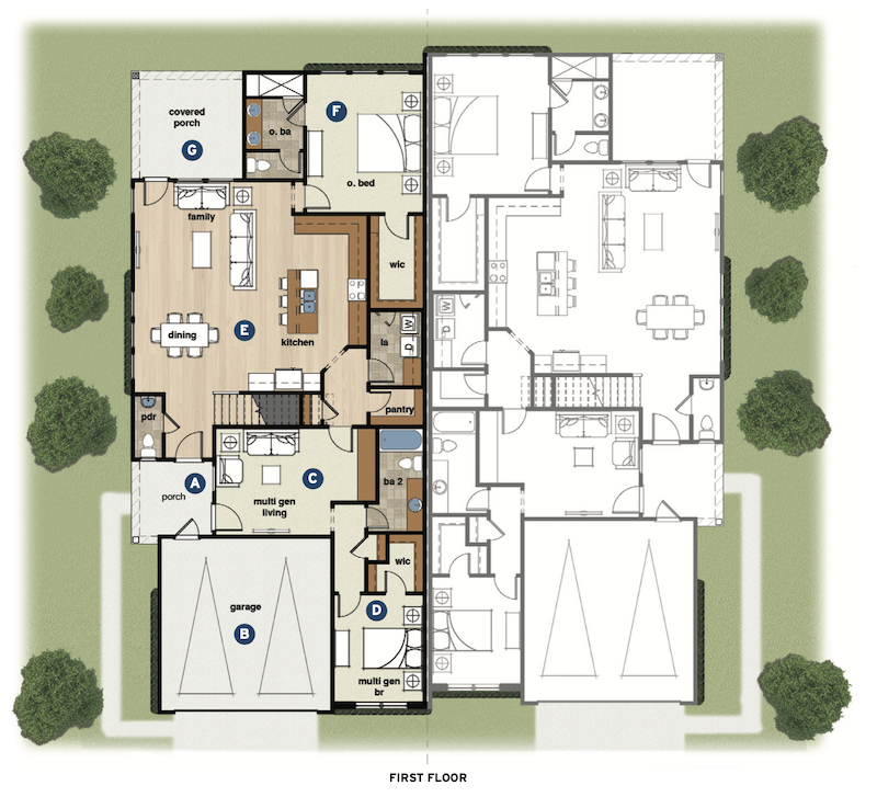 first floor plan of the Wellington Duplex multigenerational home design by GMD Design Group