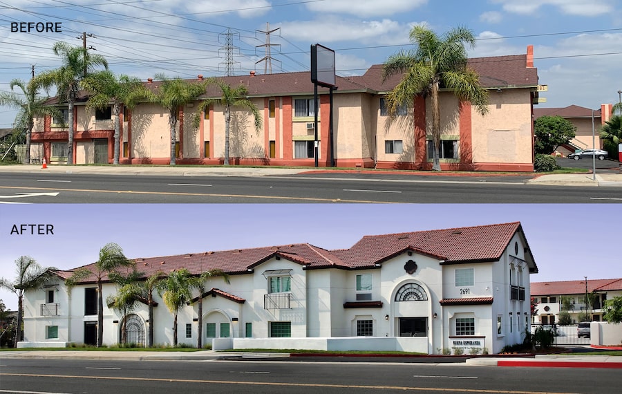 Before and after images of the motel conversion of an Econo Lodge motel into affordable housing