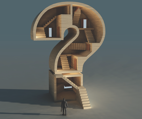 businessman planning for business succession looks into a questionmark filled with stairs to an unknown destination