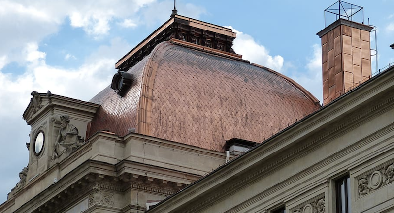 copper roof lasts a long time on this building in Bucharest