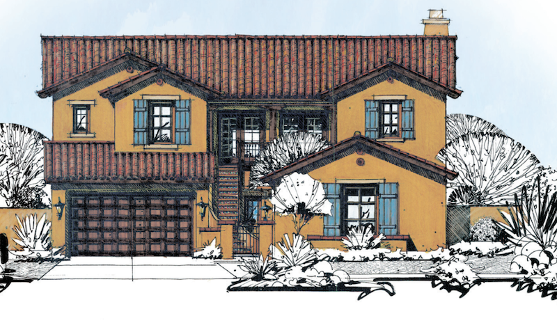 elevation of a prototype for 50-foot-wide-lot homes by Linderoth Associates