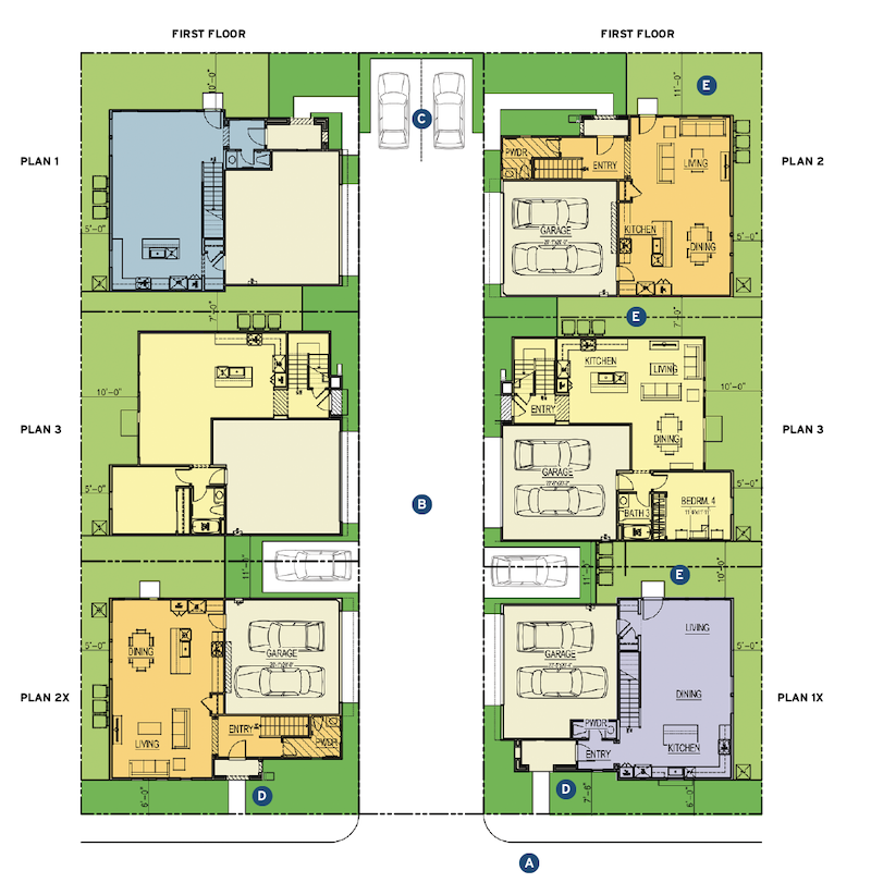 first floor plan for infill housing design Six-Pack Cluster
