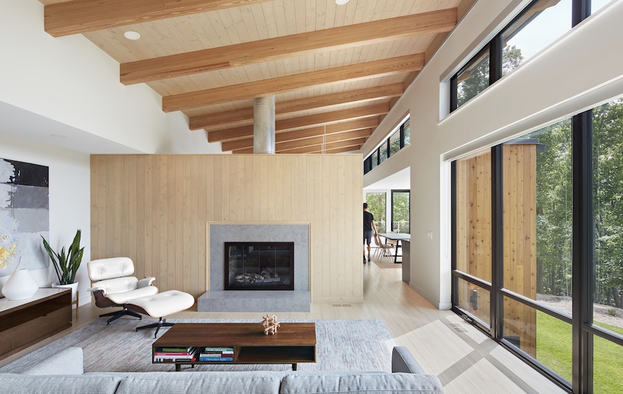 Clerestory windows in the living room of a modern home