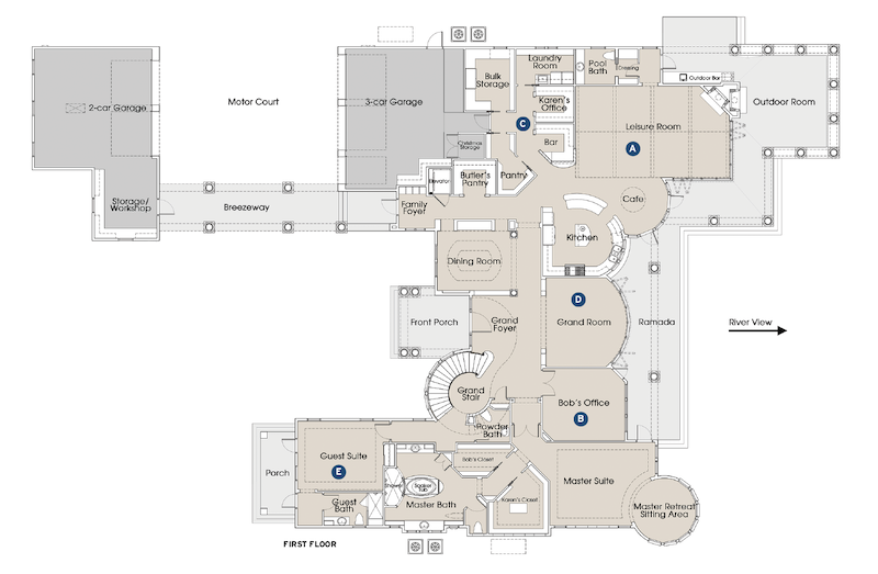 floor plan for the luxury custom home at Senator's Bluff designed by The Evans Group