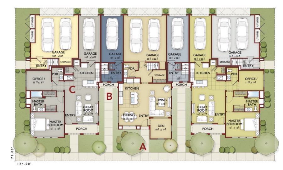 Single-family feel homes with carriage-home style, site plan
