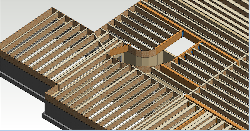 In this illustration, the joists are designed at 19.2” o.c. for a value-engineered solution.  This design uses LSL [Link: https://lpcorp.com/products/framing/lsl/] for stair openings and flush beams to reduce cost and may be suitable for a tract home. The floor performance could be improved by upgrading to a high-performance sub-floor.
