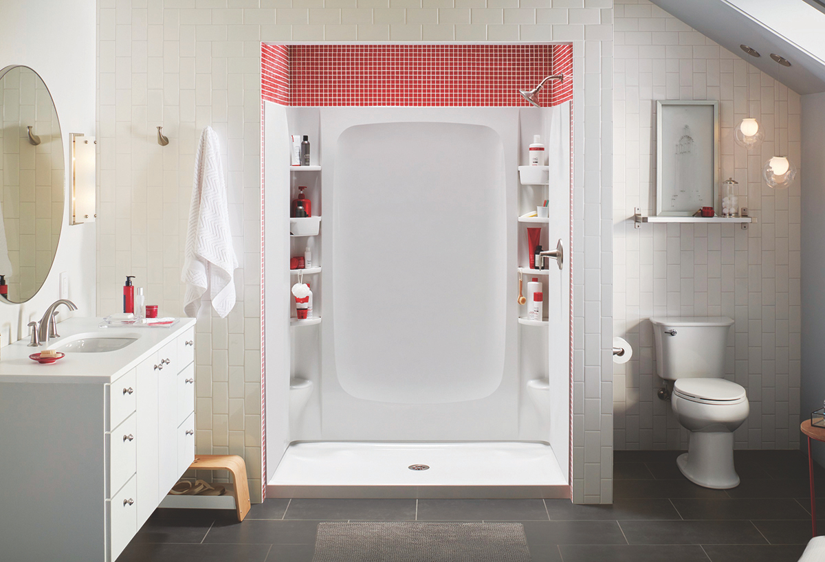 This bath/shower unit from Sterling, a Kohler company, contains abundant storage, with movable accessories such as deep bins, rimmed shelves, and soap dishes