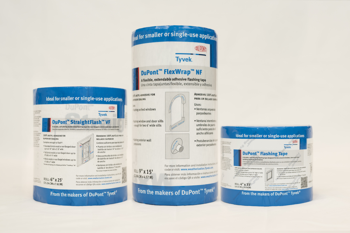 The Tyvek brand includes weatherization products such as wall and roofing underlayment, flashing tapes, and accessories like wrap caps, sealant, window and door foam, and spray adhesive