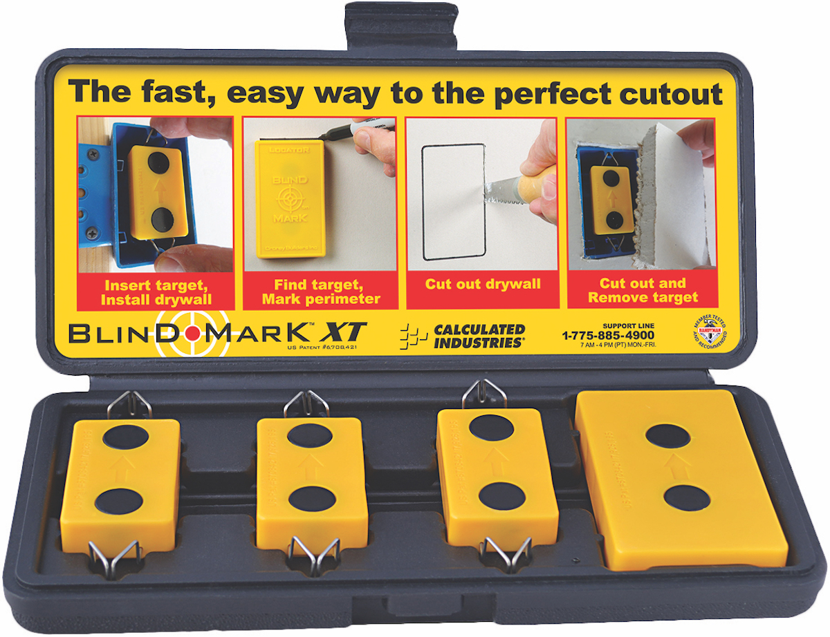 The powerful rare magnets in The Blind Mark Magnetic Drywall Cutout Tool from Calculated Industries help to accurately locate and cut electrical outlet access holes in drywall