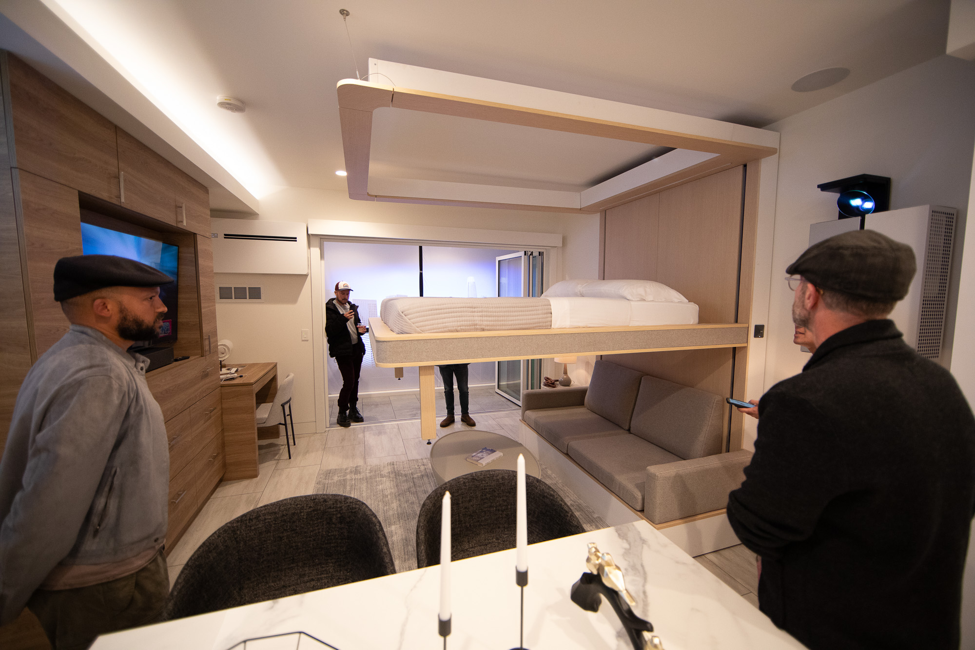 Cloud S modular apartment prototype bed lowering from ceiling