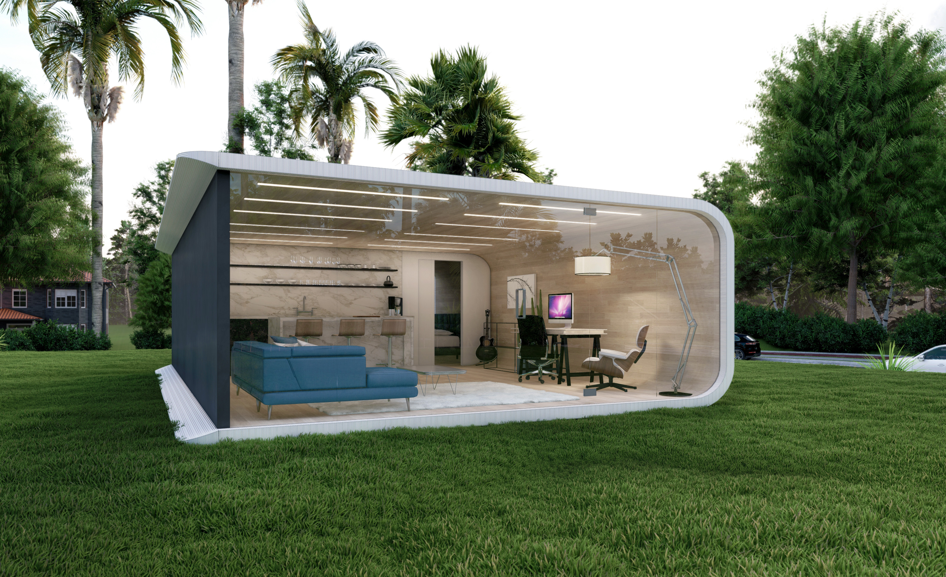 Rendering of outdoor living space inside 3d printed accessory dwelling unit