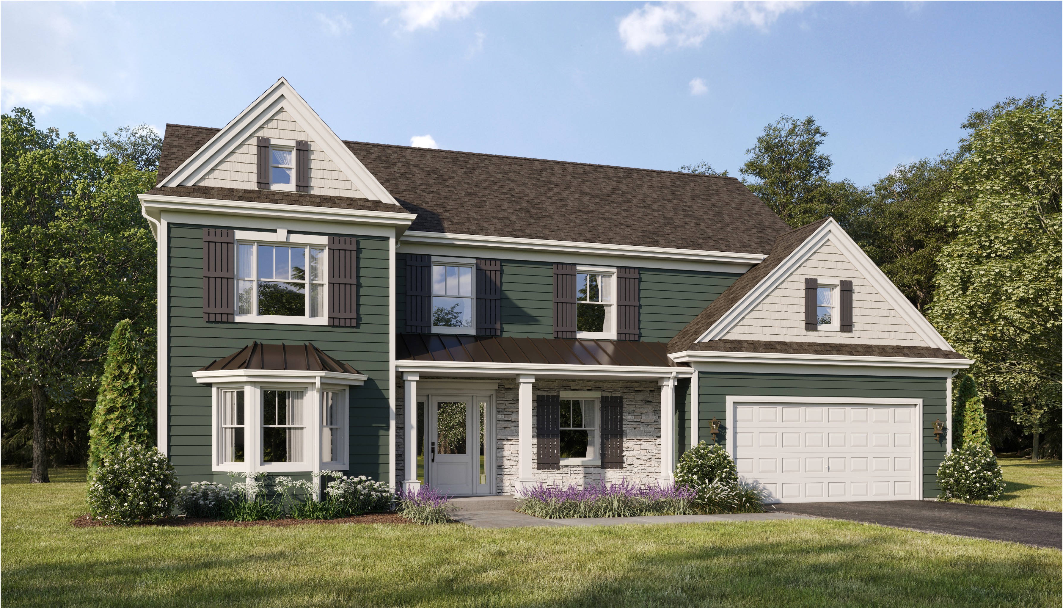 Rendering featuring 7" Foundry Split Shake siding in Eggshell 034, green vinyl lap siding, Versetta Stone panelized stone siding in Tight-Cut Sand, and ​Mid America three- and five-board spaced shutters in Tuxedo Grey 018​.