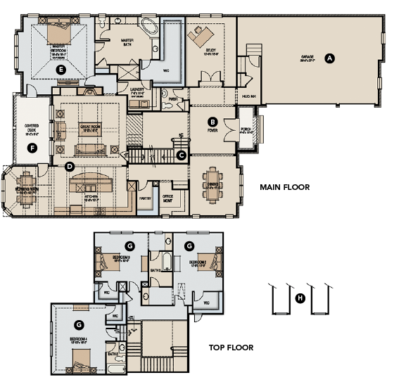 House Review-GMD Design Group-The Oxley-main floor and top floor plans