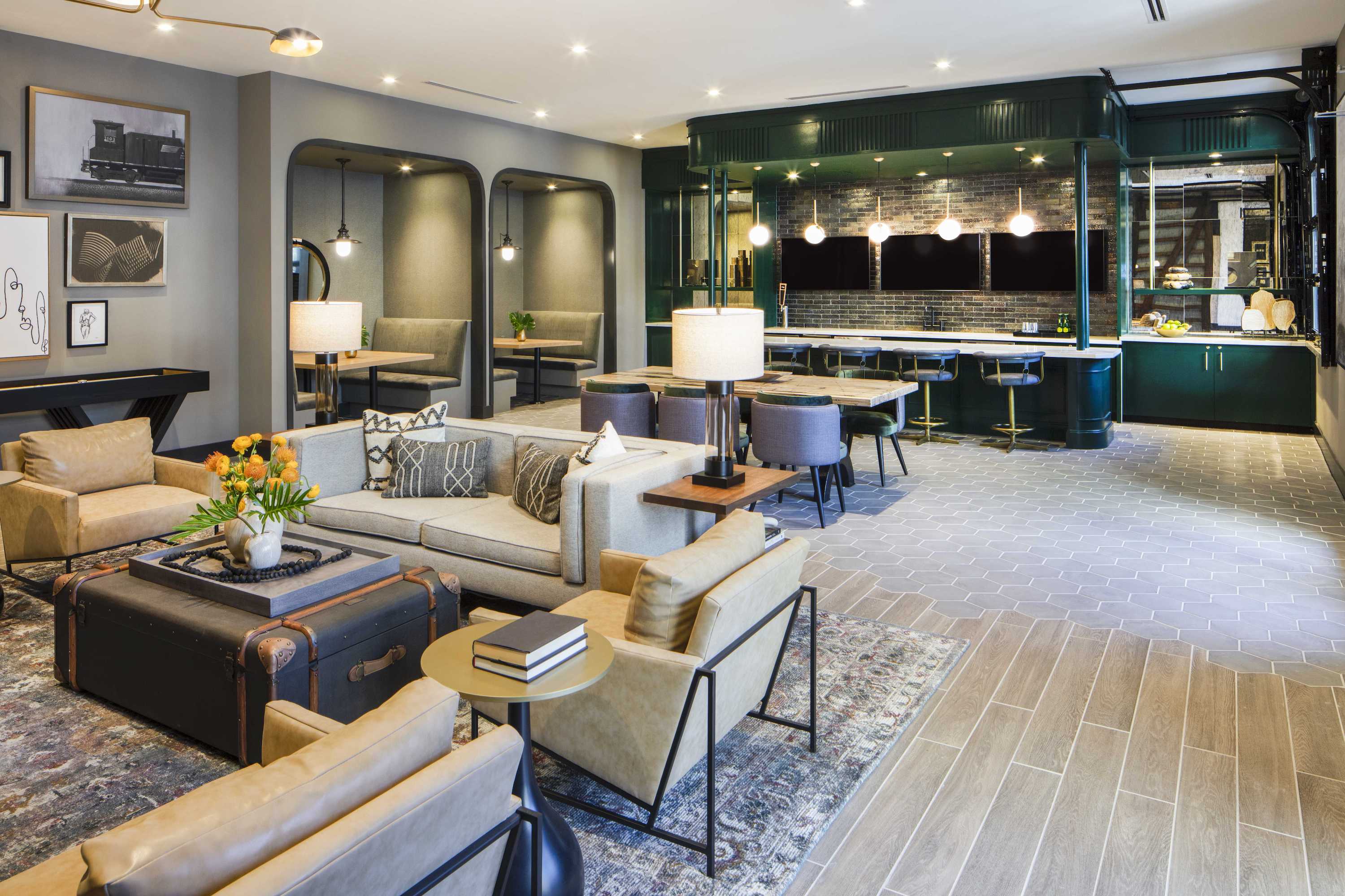 Deep greens bring an air of sophistication to this relaxed social lounge.