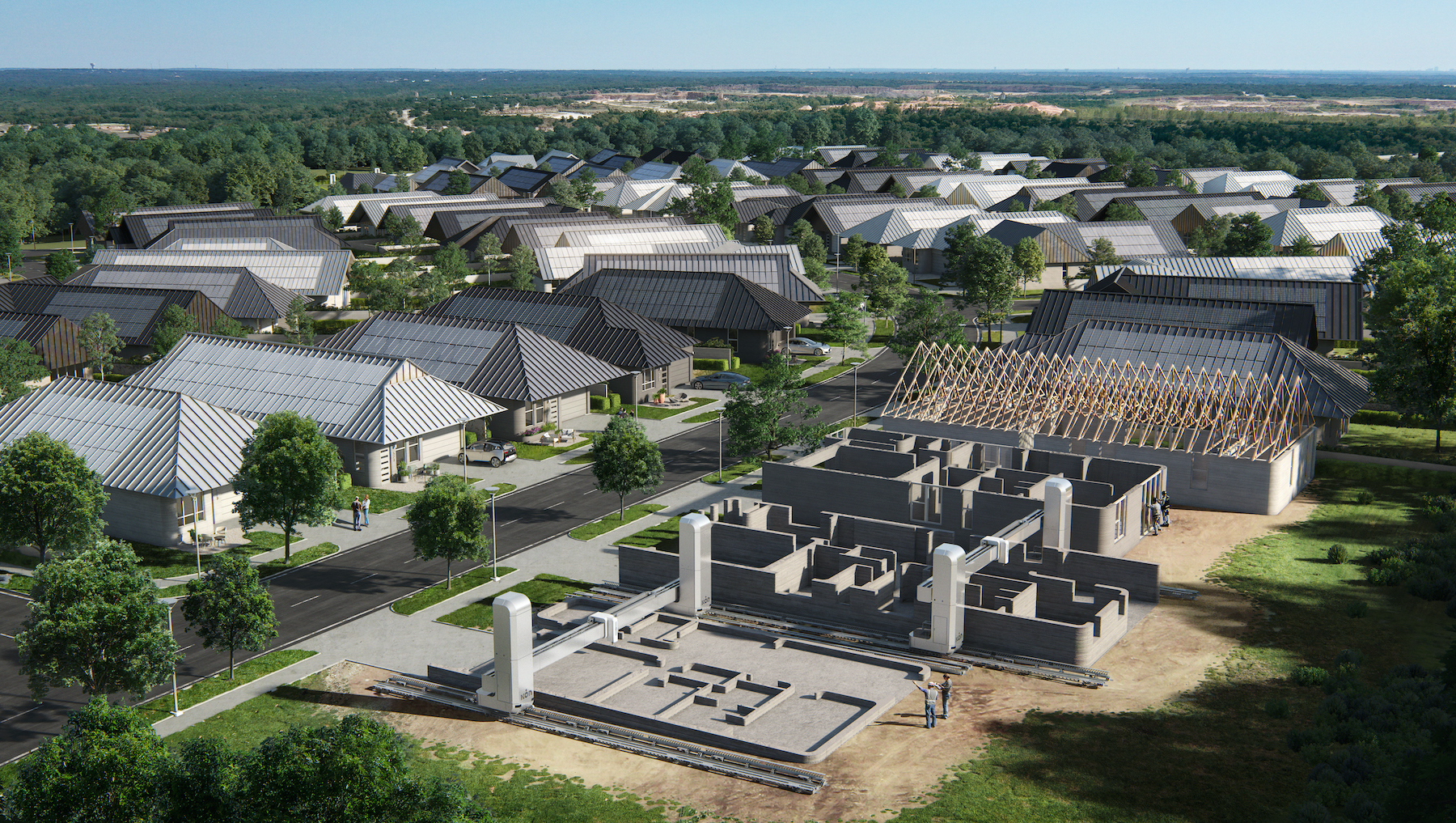 Render of the 3D-Printed Austin Homes by Lennar, BIG, and ICON