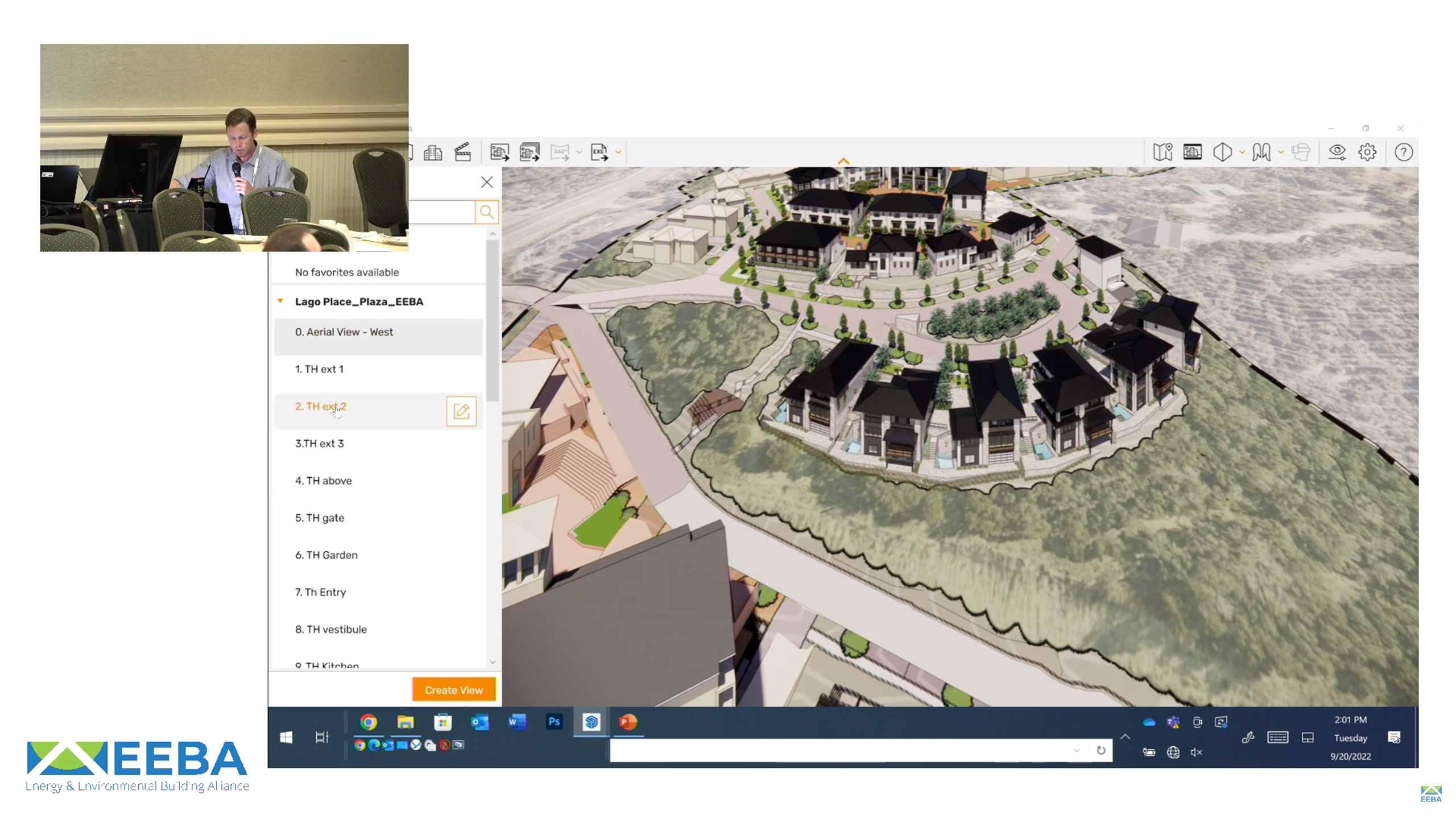 Man sharing screen showing virtual 3D tour of mixed-use development
