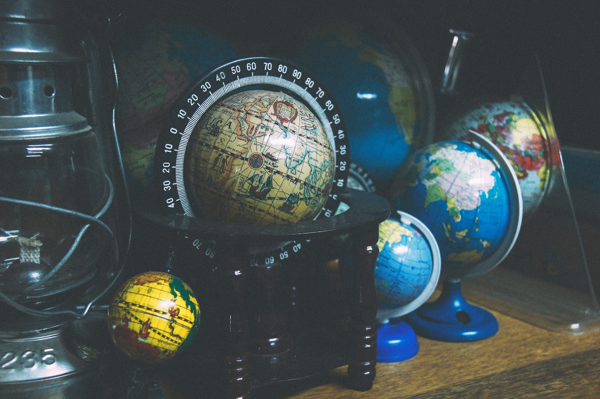 Globes on a shelf