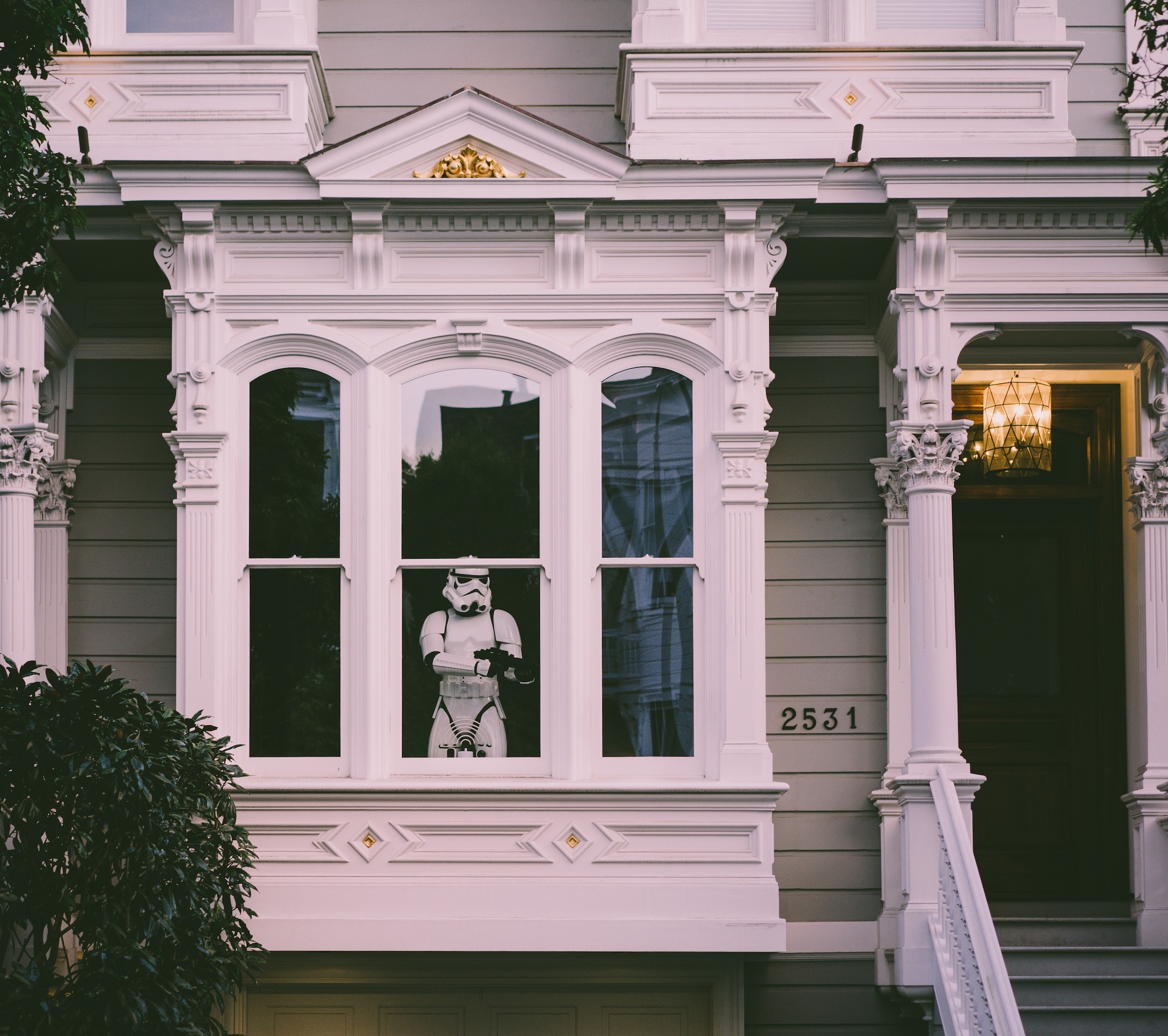 House exterior revealing Star Wars stormtrooper in window