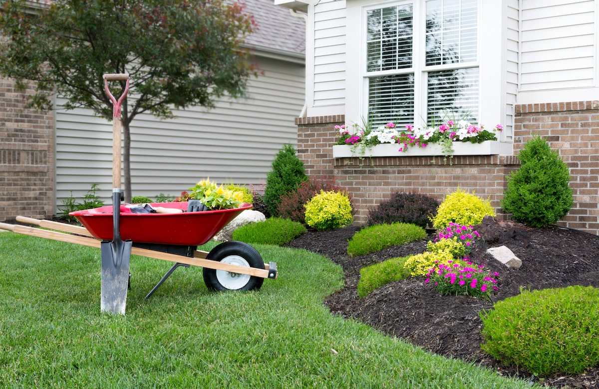 Landscaping equipment on home front lawn