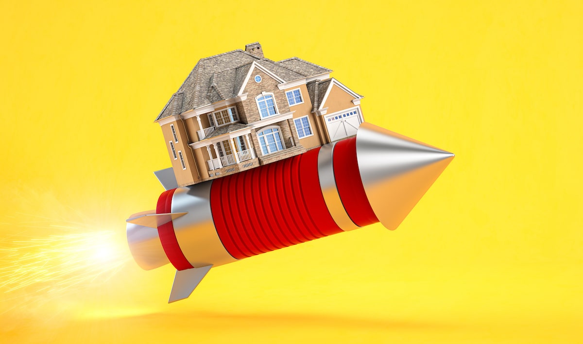House on rocket with yellow background