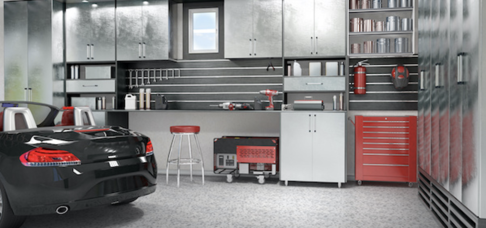 Modern garage interior with sleek storage, metal cabinets