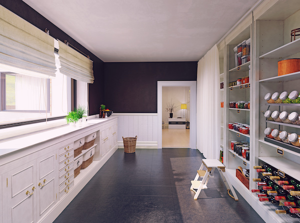 Modern pantry mudroom with plenty of shelf space and drawer storage for food and sundries during the pandemic.