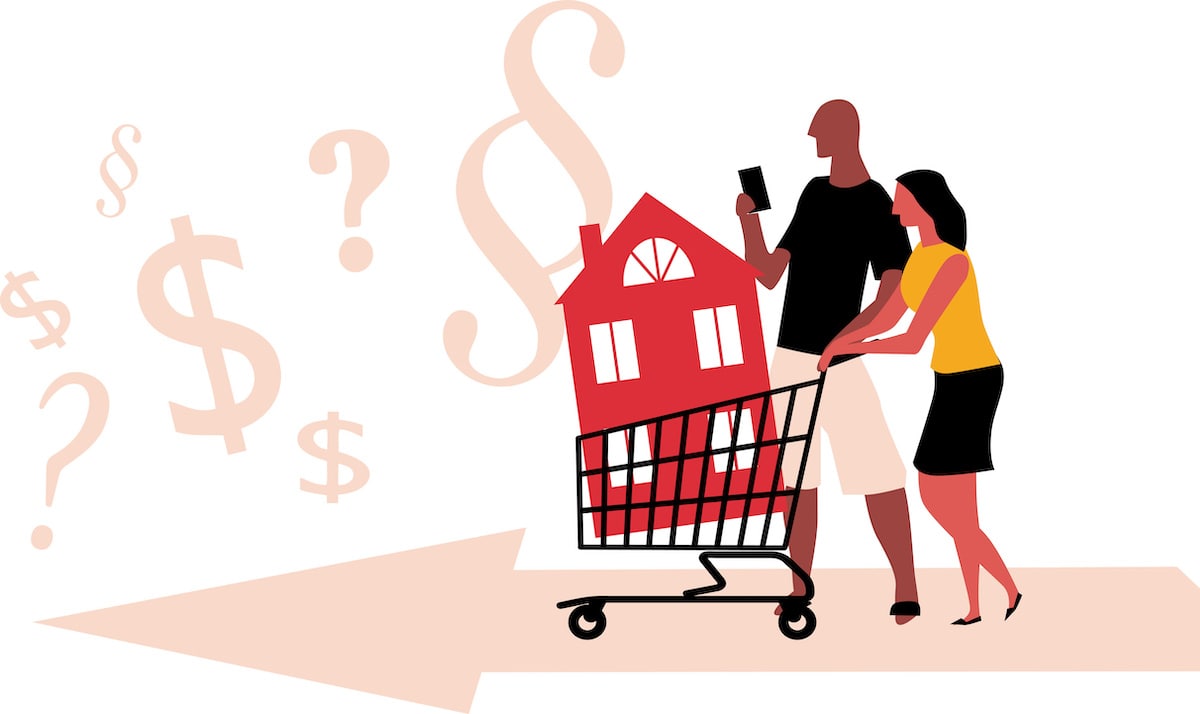 Cartoon couple pushing shopping cart containing red house toward money signs and question marks