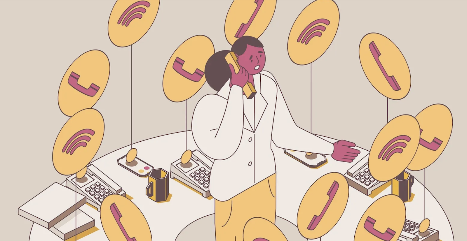 Illustration of home building marketing and salesperson surrounded by phones 