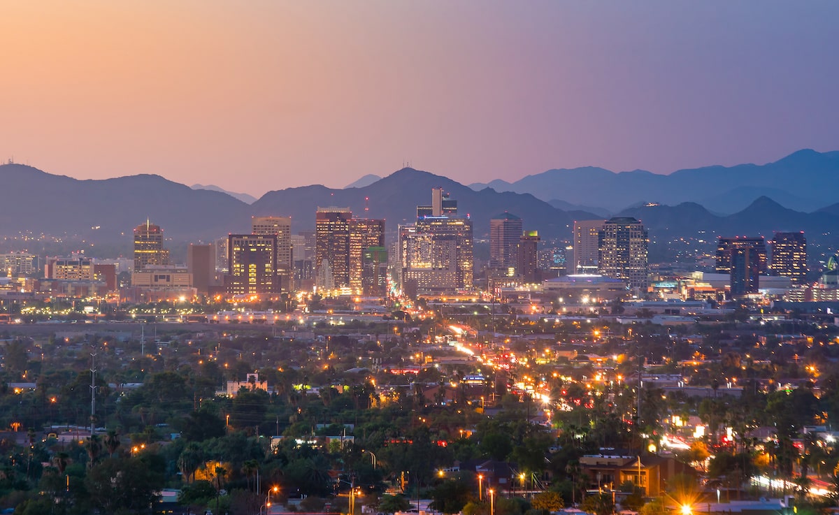 Aerial view of Phoenix, AZ, at sunset