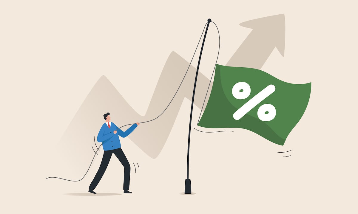 Graphic of man raising green flag with white percent mark with gray rising arrow in background