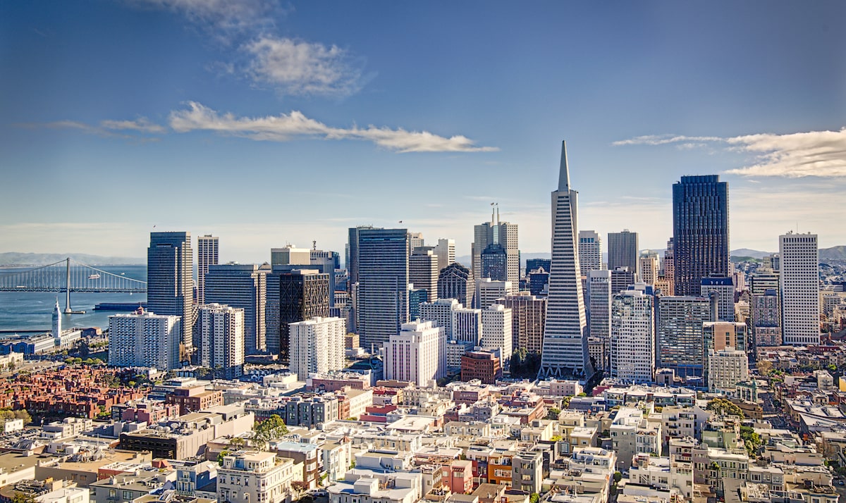 Aerial view of San Francisco city skyline and downtown bay area