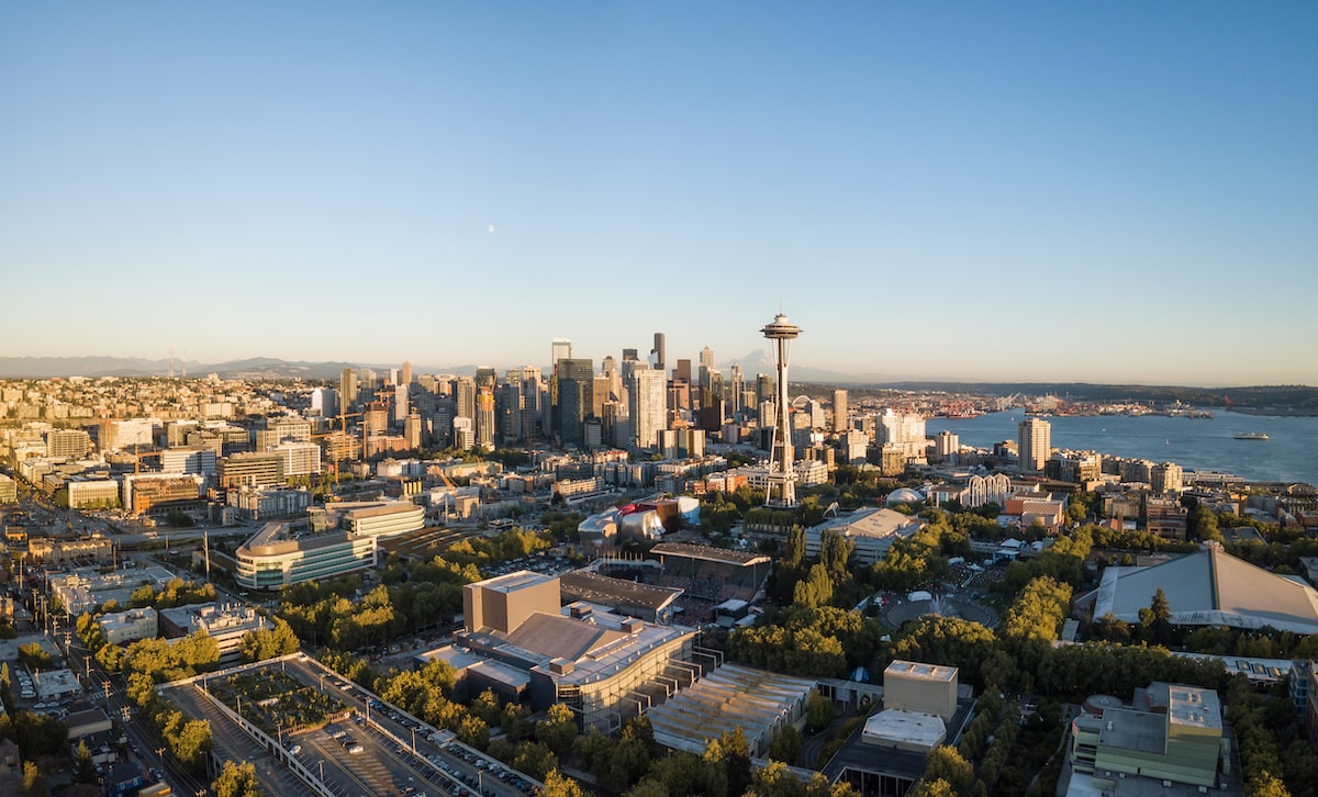 Aerial view of Seattle and surrounding suburb