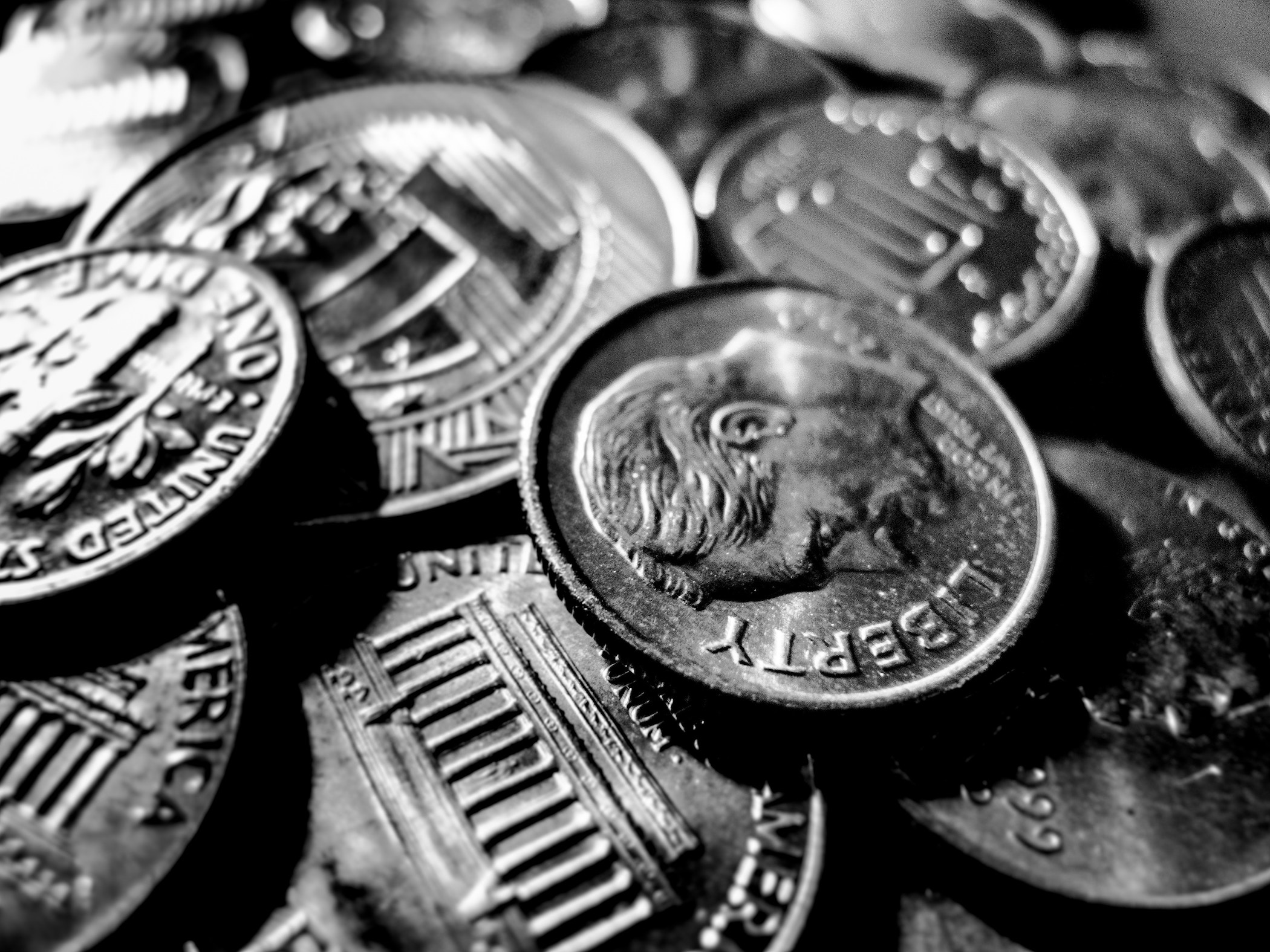 black and white image of coins