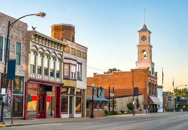 Small midwest town at sunset